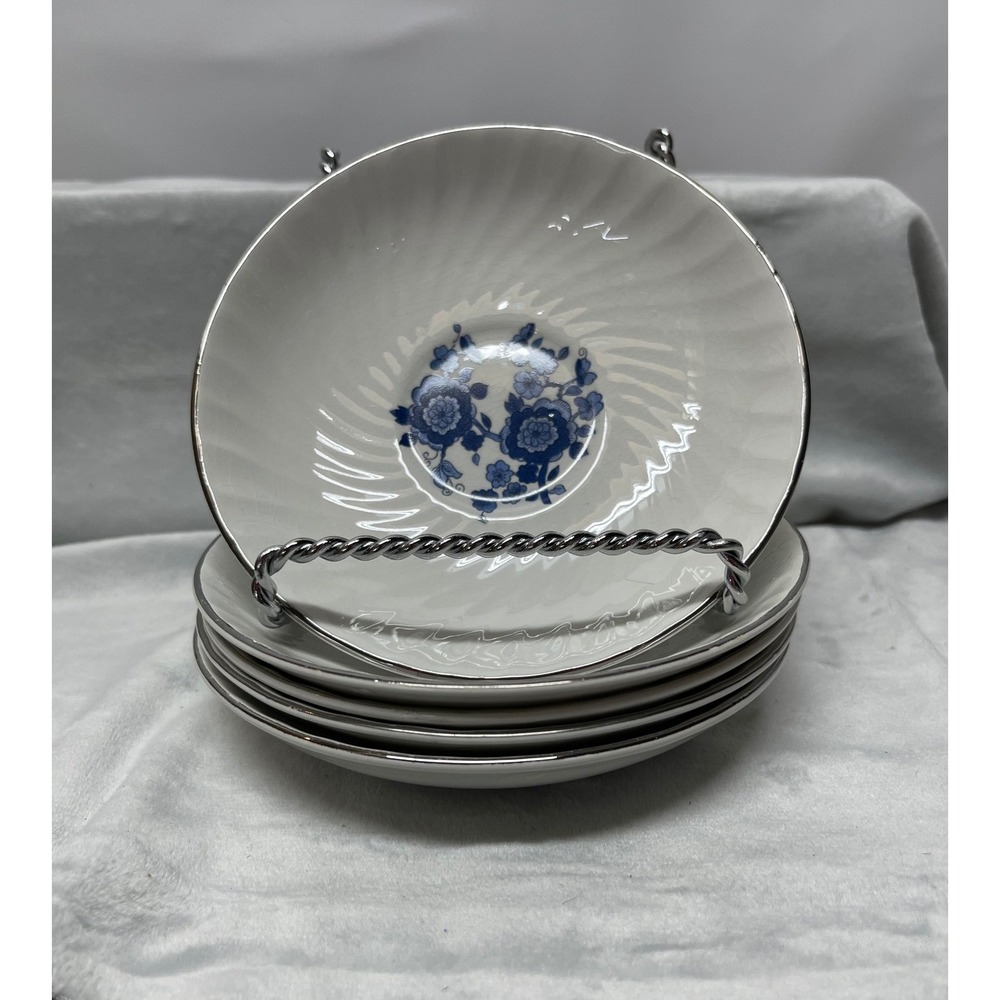Enoch Wedgwood Royal Blue Ironstone Saucers Set of 5 Floral Swirl White Blue